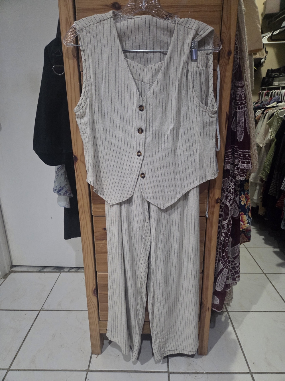 Women's Linen Cream Pinstripe Vest & Wide-Leg Pants Trousers Set M